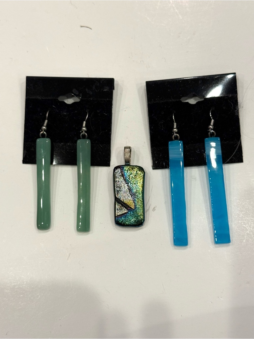 Artisan Fused Glass Pendant Earrings Set Aqua Green Dichroic Handmade